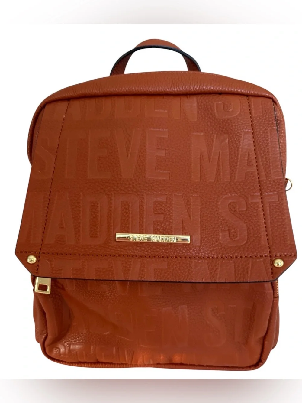 Steve Madden BTAMPA Cognac Brown Embossed Logo Backpack Purse Gold Hardware